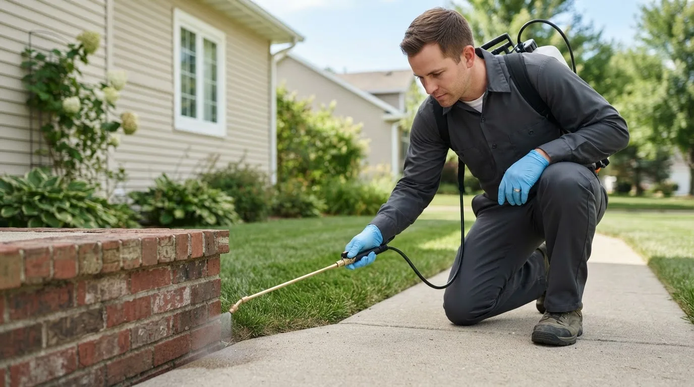 Pest control technician treating a home near Connoquenessing, PA